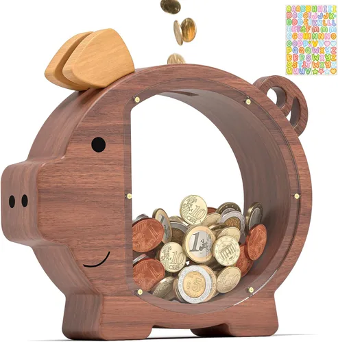 Vista 12 de Summidate Alcancía de madera para niños, niñas, niños y adultos, grandes facturas irrompibles, cambio de monedas, tarro de ahorro de dinero, regalo