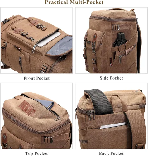 Vista 5 de WITZMAN Mochila de viaje para hombres y mujeres, mochila de lona para llevar en el equipaje, mochila convertible grande, Marrón, Mochilas de viaje
