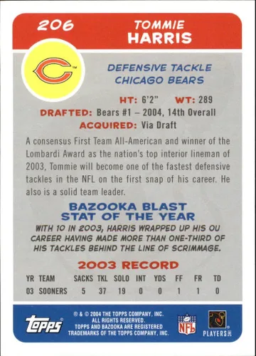 Vista 2 de 2004 Topps Bazooka #206 Tommie Harris RC NFL Football Trading Card