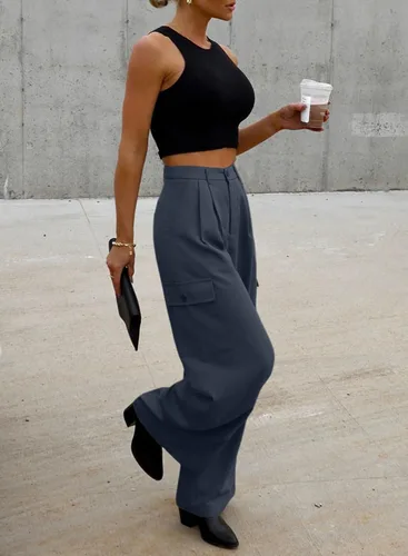 Vista 4 de Dokotoo Womens High Waisted Wide Leg Cargo Pants Baggy Casual Trendy Work Pants with 4 Pockets
