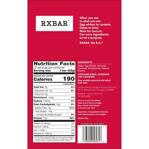 Vista 3 de Barras de proteína RXBAR, 12g de proteína, aperitivos sin gluten, fresa, caja de 22oz (12 barras)