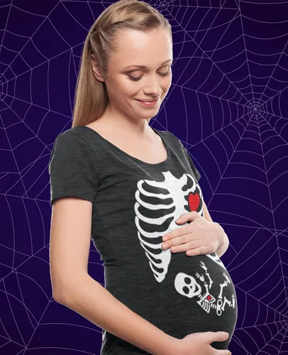 Vista 4 de Divertidos disfraces de maternidad de Halloween para parejas, juego de camiseta a juego con diseño de hamburguesa y patatas fritas