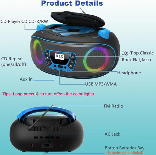 Vista 6 de Reproductor de radio portátil CD Boombox con Bluetooth, radio FM, reproducción de MP3 por USB, entrada AUX, conector para auriculares, compatible