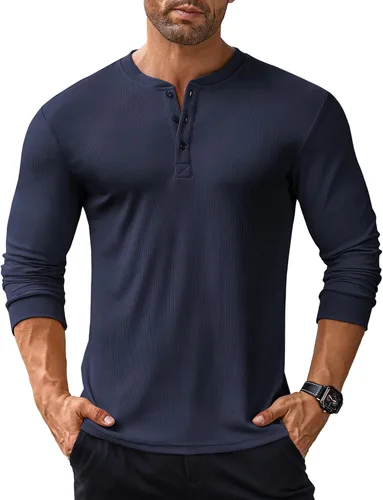 Vista 49 de COOFANDY Camisas Henley de manga larga para hombre, camisetas elásticas acanaladas, camisetas básicas casuales de moda