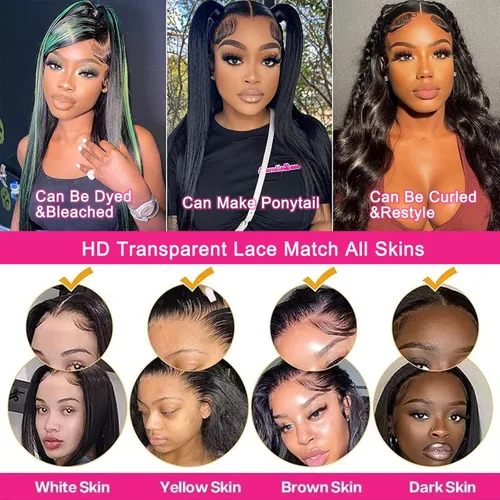Vista 7 de Lemoda Peluca de encaje frontal completo de 13 x 6 pulgadas, pelucas de cabello humano lacio HD transparente de encaje sin pegamento, peluca