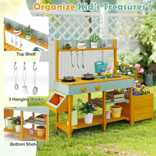 Vista 6 de Costzon Cocina de barro, banco de madera para macetas para niños con grifo extraíble, fregadero, estufas, pomos de rotación, cajas para macetas