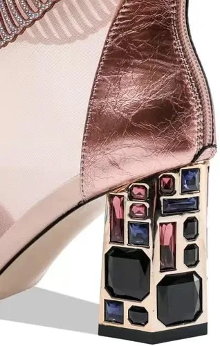Vista 4 de IMPREMEY Women's Rhinestone High Heels, Leather Mesh Pointed Toe Glittering Jewel Back Zipper Summer Ankle Boots
