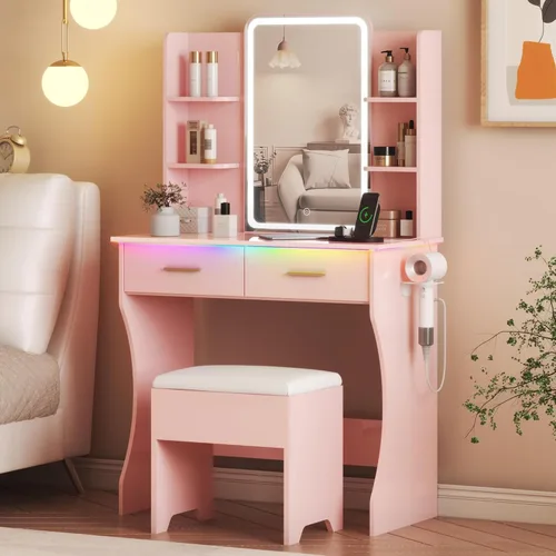 Vista 15 de Escritorio de tocador con espejo iluminado HD y luces, pequeño tocador de maquillaje acanalado con cajones y estantes de almacenamiento, juego
