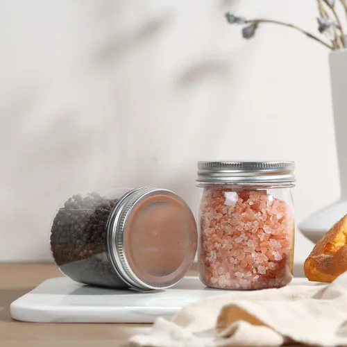 Vista 7 de Tarros de plástico reutilizables con tapa hermética plateada, tarros transparentes de 8 onzas para alimentos secos, café, sin BPA
