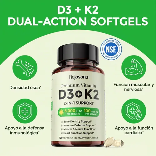 Vista 5 de Vitamina D3 K2 5000IU 100mcg MK-7 para apoyo óseo, inmunológico