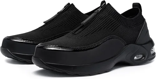 Vista 9 de FENLERN - Zapatos con punta de acero para mujer, tenis de seguridad ligeros con amortiguación de aire, zapatos de trabajo resistentes, fáciles