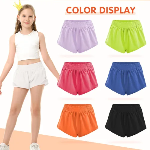 Vista 4 de Pantalones cortos deportivos para niñas, de secado rápido, con bolsillo con cremallera, para adolescentes y niños, pantalones cortos deportivos
