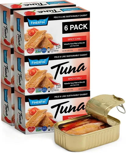 Vista 10 de FinerFin Atún de aleta amarilla en aceite de oliva orgánico – 3 sabores de ensalada de frijoles (lata de 4.4 onzas – paquete de 6); pescado enlatado