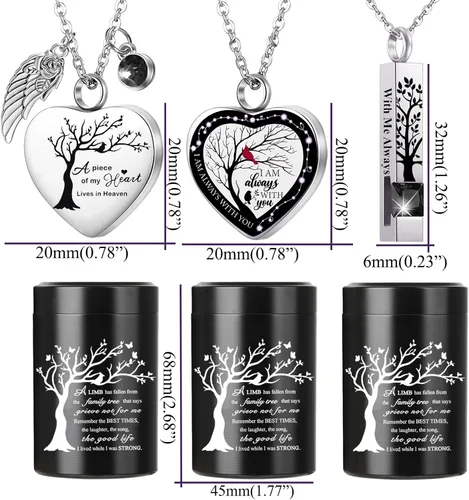 Vista 7 de RIPFEVURN Pequeñas mini urnas para cenizas humanas, recuerdo para adultos, hembra, hombre, árbol de la vida, joyería de cremación, collares de urna