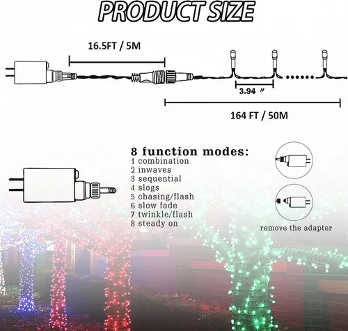 Vista 4 de FUNPENY Guirnalda de luces LED decorativas de Navidad de 164 pies, 500 luces LED de Navidad para interiores y exteriores, 8 modos, impermeable