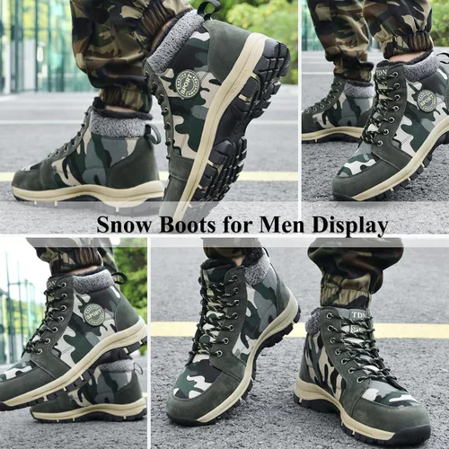 Vista 5 de Qiucdzi Botas de nieve de invierno para hombre, con forro de piel cálida, antideslizantes, para exteriores, zapatos de trekking antideslizantes