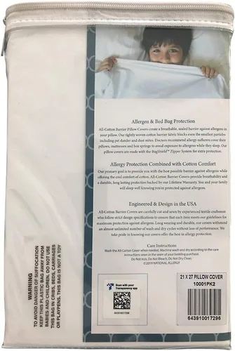 Vista 4 de National Allergy Protector de almohada 100% algodón con cremallera, tamaño estándar, blanco, paquete de 2, 300 hilos, funda de almohada