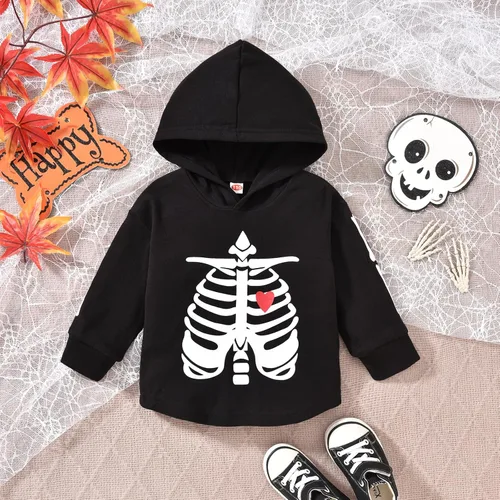 Vista 5 de Conjunto de ropa de niños pequeños con capucha y sudadera a cuadros de manga larga para otoño e invierno Esqueleto negro