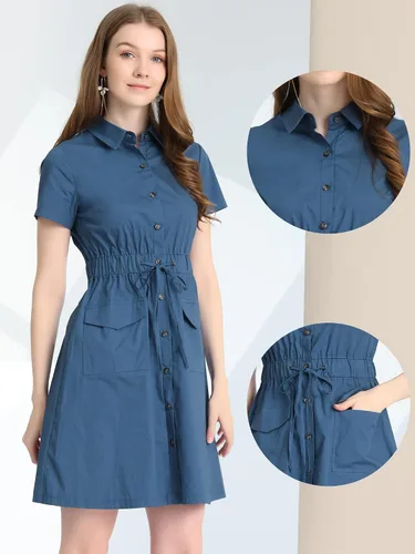 Vista 2 de Allegra K Vestido de safari para mujer, de algodón con botones, cuello y cordón en la cintura, M