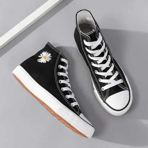 Vista 4 de Tenis de lona de caña alta con cordones para mujer, estilo informal, ideales para caminar