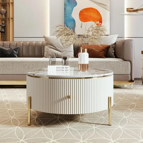 Vista 3 de Mesa de café redonda, mesa de café moderna de 31.5" con 2 cajones grandes de almacenamiento, tapa de mesa con patrón de mármol, mesa central