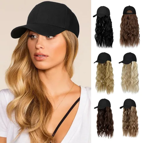Vista 12 de Peluca de gorra de béisbol para mujer, gorra de béisbol con extensiones de cabello, gorra ajustable adjunta de 24 pulgadas de largo, ondulada