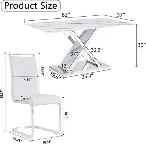 Vista 2 de Juego de mesa de comedor de mármol para mesa rectangular blanca de 4.63 pulgadas con marco de metal plateado en forma de X y 4 sillas de comedor