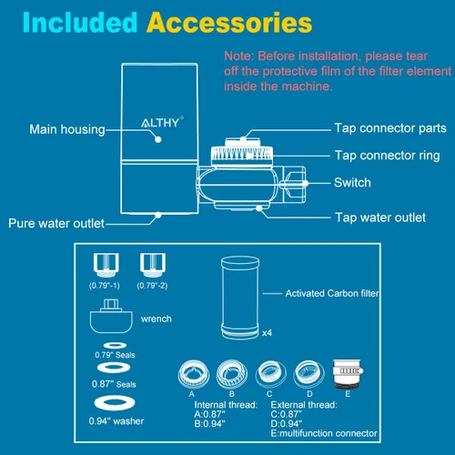 Vista 6 de ALTHY Filtro de agua para grifo, purificador de agua sin BPA, certificado que reduce el cloro, metales pesados y mal sabor, solo se adapta a grifo