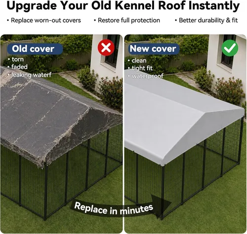Vista 6 de ROOMTEC 10 x 10 FT Outdoor Dog Kennel Cover, Replacement Canopy Only Silver, 210D Coated Oxford, Waterproof, UV, 18 Secure Fasteners, Designed for