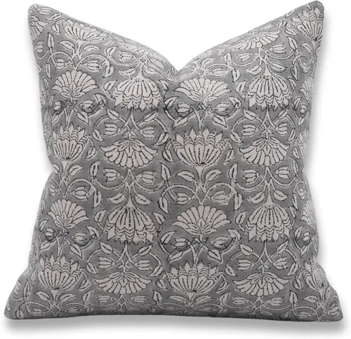 Vista 8 de Funda de cojín elegante de lino blanco roto con estampado de bloque a mano, 14 x 14 pulgadas, con cremallera invisible para sofá, cama, sala de Negro