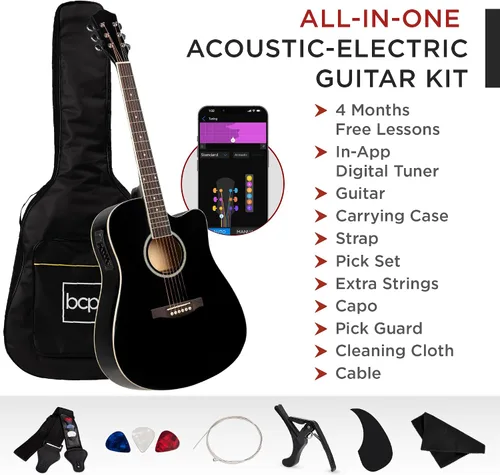Vista 3 de Best Choice Products Conjunto de Guitarra Acústica Eléctrica para Principiantes de 41 pulgadas con Diseño de Corte de Toda Madera, Estuche de Negro