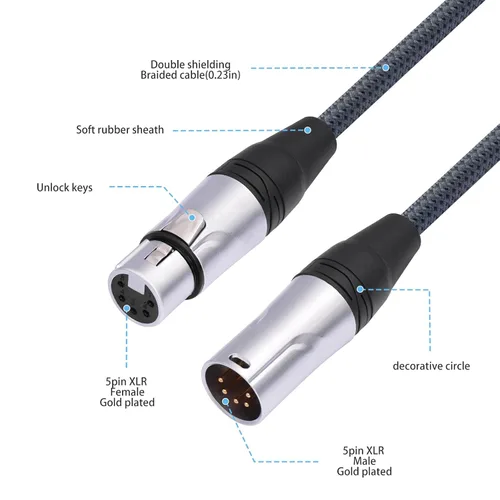 Vista 5 de Cable XLR macho a hembra DMX512 de 1 pie, 5 pines macho a hembra DMX512, DMX-512 XLR de 5 pines macho a hembra, paquete de 2