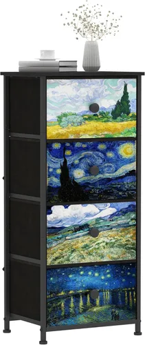 Vista 8 de Cómoda con 3 cajones Van Gogh, cómoda de cajones para dormitorio, mesa de noche estrecha, cómodas pequeñas y cofres de cajones para medio pasillo
