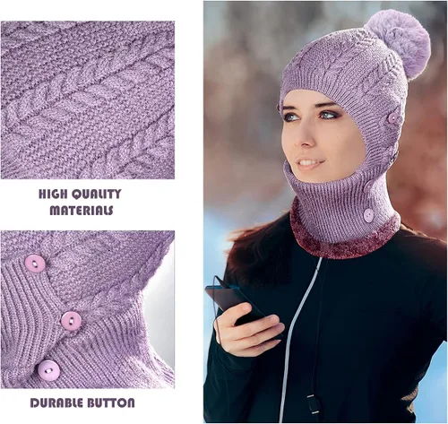 Vista 2 de Gorro de punto con forro polar para mujer, bufanda de invierno para mujer, gorro cálido con pompón