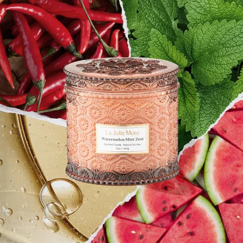 Vista 2 de LA JOLIE MUSE Vela de Cáscara de Sandía y Menta - Eucalipto, Salvia, Lavanda Vela Grande de Cera de Soja de 12 oz con 2 Mechas 60 Horas