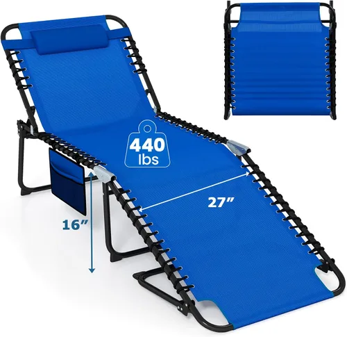 Vista 19 de Goplus Tumbona para exteriores, silla plegable de 5 posiciones para playa, con almohada desmontable, bolsillo lateral, tumbona para tomar el sol