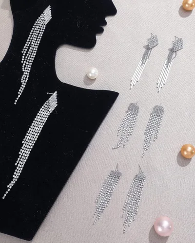 Vista 4 de 6 pares de aretes de diamantes de imitación, aretes de araña para mujer, aretes largos de borla para novia, niñas, joyería para boda, cena, fiesta