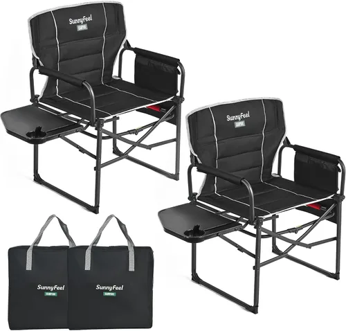 Vista 22 de SUNNYFEEL Silla de Directores de Camping, Silla Plegable Portátil de Gran Tamaño con Mesa Lateral, Bolsillo para Playa, Pesca, Viaje, Picnic