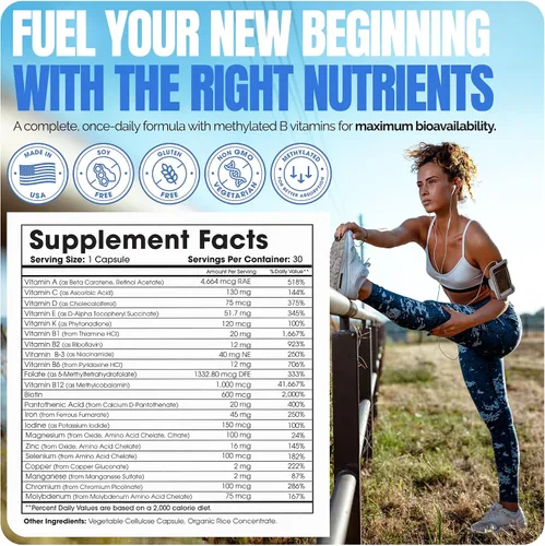 Vista 2 de Shiny Leaf Multivitamínico bariátrico metilado con hierro 45 mg – Cápsula una vez al día, vitaminas bariátricas compatibles con ASMBS para bypass