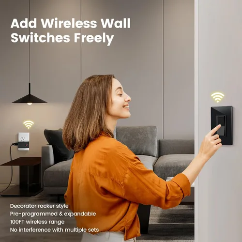 Vista 2 de Toma de control remoto de 15 amperios, interruptor de luz inalámbrico, color negro Plug & Play, 100 ft RF Range, No Wiring/WiFi, Decorator Rocker