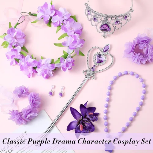 Vista 6 de Equsion Purple Girls Costume, Princess Dress Up Costume Accessories Set for Kids, Birthday Halloween Cosplay Party Outfit with Garlands Tiara Crown