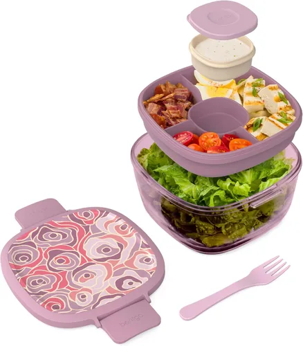 Vista 13 de Bentgo Recipiente de Ensalada de Vidrio Todo en Uno - Ensaladera Grande de 61 oz con Tapa, Bandeja Estilo Bento de 4 Compartimentos, Recipiente