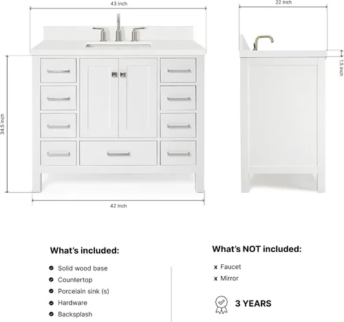 Vista 2 de ARIEL Cambridge - Mueble de baño de 42 pulgadas con fregadero, madera maciza, encimera y protector contra salpicaduras de cuarzo blanco puro de 1.5