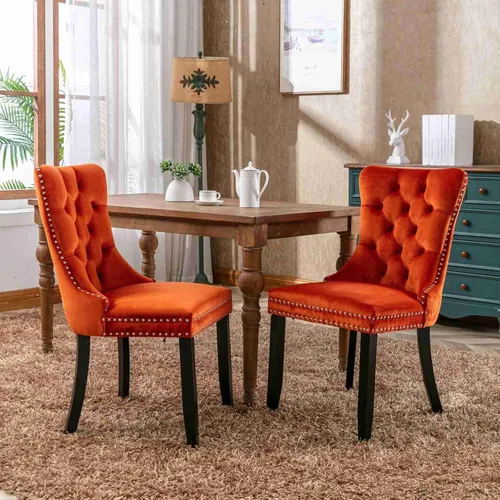 Vista 10 de Silla de comedor tapizada de terciopelo con respaldo copetudo y patas de madera, silla auxiliar moderna decoración de remaches, para comedor Negro