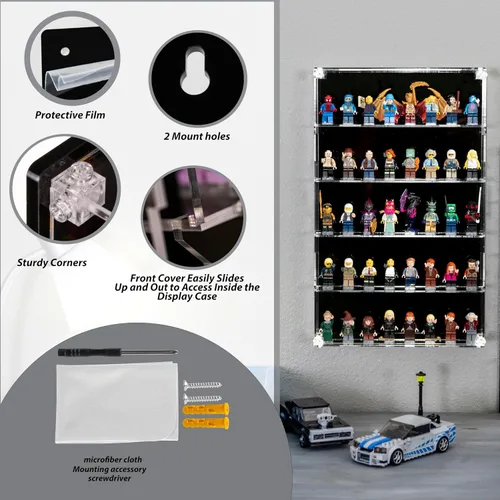 Vista 2 de Vitrina de minifiguras de acrílico, estantes de almacenamiento de figuras pequeñas de montaje en pared con fondo negro, capacidad para 40