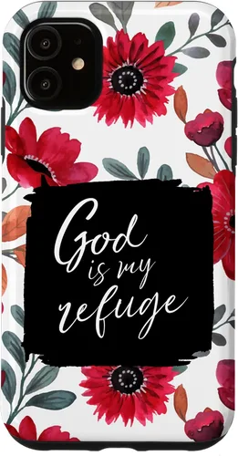 Vista 8 de God is My Refuge - Carcasa para iPhone 16, diseño de flores rojas con versículo bíblico del Salmo 91
