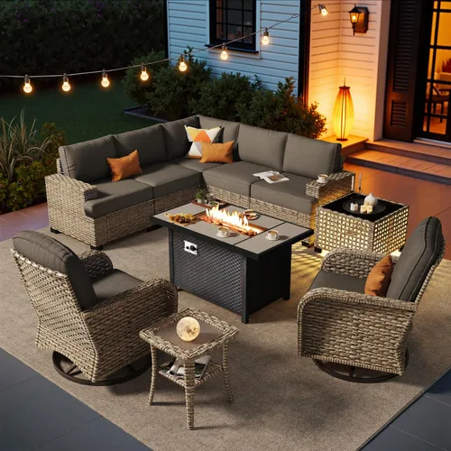 Vista 22 de HOOOWOOO Juego de muebles seccionales de patio con mesa de luz solar, 6 piezas de mimbre para exteriores, sofá en forma de L, juego de conversación
