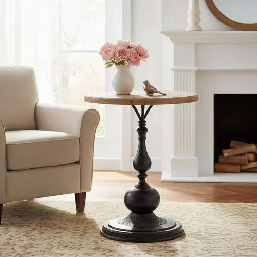 Vista 12 de Framhose - Mesa auxiliar redonda, mesa auxiliar pequeña con parte superior de madera y base negra, mesa de pedestal para sala de estar, esquinas