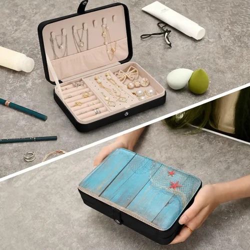 Vista 7 de Red de pesca con diseño de estrellas de mar rojas, caja de joyería de viaje de madera azul vieja para mujeres y niñas, organizador de joyas pequeño