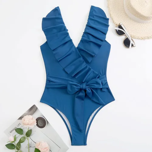 Vista 2 de Traje de baño de una pieza para mujer, con cuello en V, con volantes, con lazo, monokini